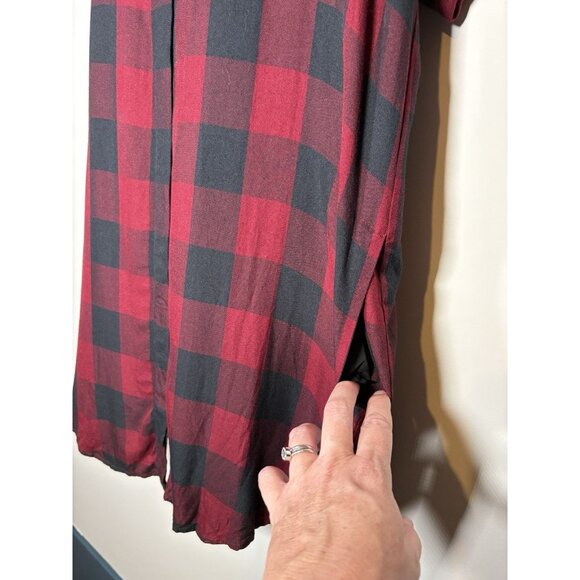 MADEWELL Shirt Dress Short Sleeve Deep Red Black Plaid Classic Holiday Size XS - Picture 3 of 7
